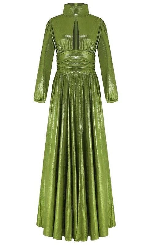 Dare To Rule Green Metallic Sequin Satin Ruched Long Lantern Sleeve High Mock Neck Cut Out Front Wrap High Slit A Line Maxi Dress Chic Button-Up Maxi Dress Dare To Rule Green Metallic Sequin Satin Ruched Long Lantern Sleeve High Mock Neck Cut Out Front Wrap High Slit A Line Maxi Dress Chic Button-Up Maxi Dress