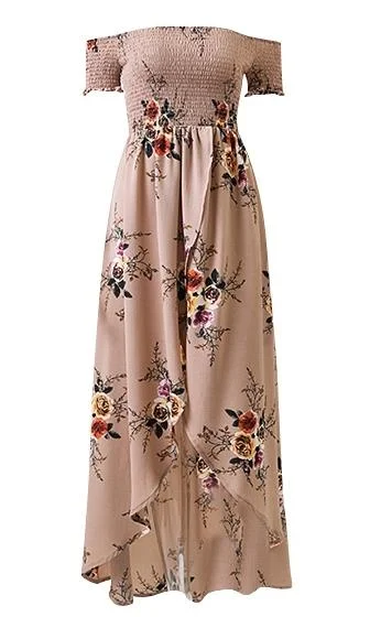 Daydream Diva Khaki Beige Floral Short Sleeve Smocked Off The Shoulder Cross Wrap High Low Maxi Dress Trendy Maxi Dress with Lace Daydream Diva Khaki Beige Floral Short Sleeve Smocked Off The Shoulder Cross Wrap High Low Maxi Dress Trendy Maxi Dress with Lace