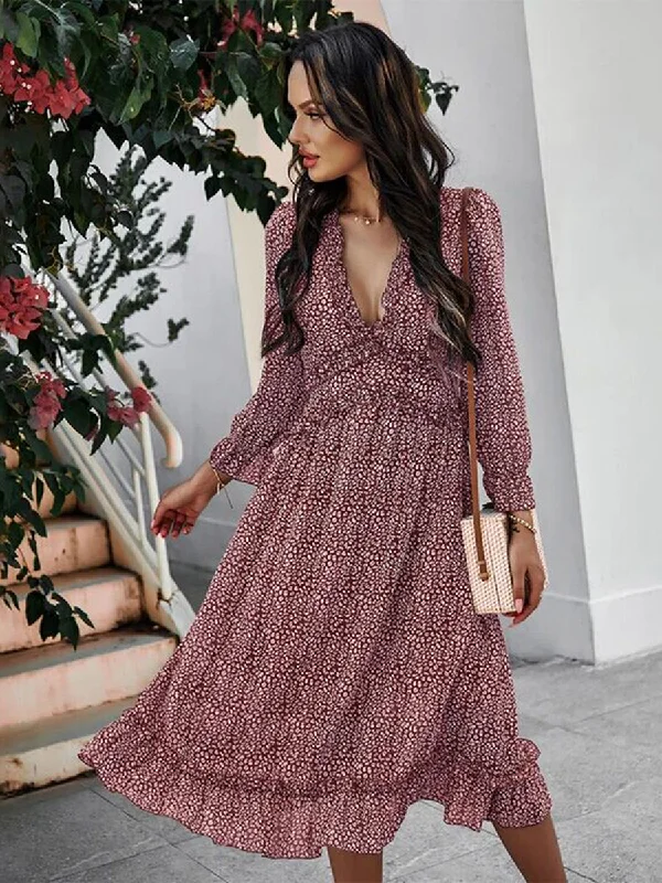 Deep V Neck Floral Long Sleeve Ruffle Hem Maxi Dress Comfortable Maxi Dress with Slits Deep V Neck Floral Long Sleeve Ruffle Hem Maxi Dress Comfortable Maxi Dress with Slits