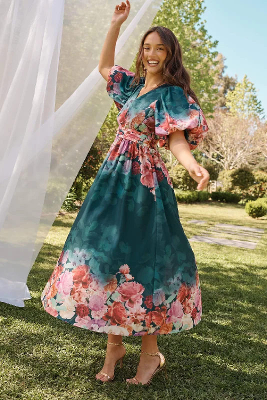 Divine Maxi Dress In Emerald With Pink Multi Floral Print Trendy Maxi Dress with Bow Divine Maxi Dress In Emerald With Pink Multi Floral Print Trendy Maxi Dress with Bow