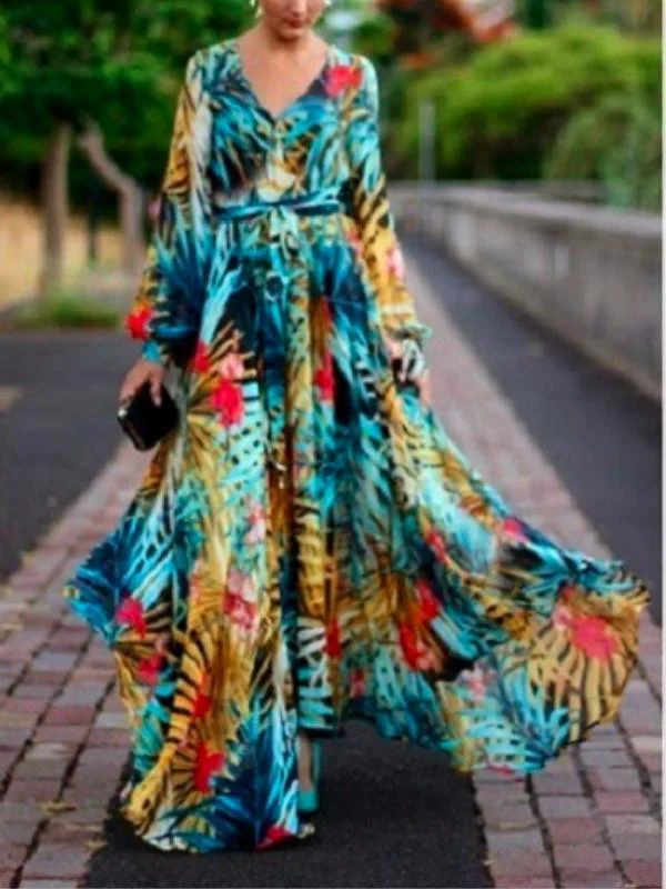 Chiffon Long Sleeves Dress Robe V Neck Floral Bohemian Boho Dress Long Dress Big Hem Maxi Dress Trendy Ruffled Maxi Dress Chiffon Long Sleeves Dress Robe V Neck Floral Bohemian Boho Dress Long Dress Big Hem Maxi Dress Trendy Ruffled Maxi Dress