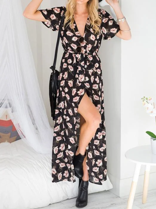 Fashion Floral Print V Neck Short Sleeve Split Belted Beach Maxi Dress Elegant Tiered Maxi Dress Fashion Floral Print V Neck Short Sleeve Split Belted Beach Maxi Dress Elegant Tiered Maxi Dress
