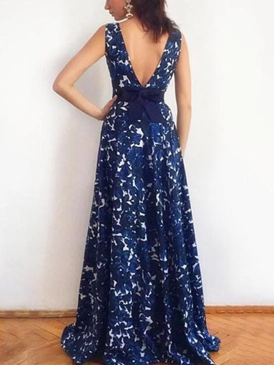 Floral Bow-embellished Backless Sleeveless Maxi Dress Comfortable Plunging Neckline Maxi Dress Floral Bow-embellished Backless Sleeveless Maxi Dress Comfortable Plunging Neckline Maxi Dress