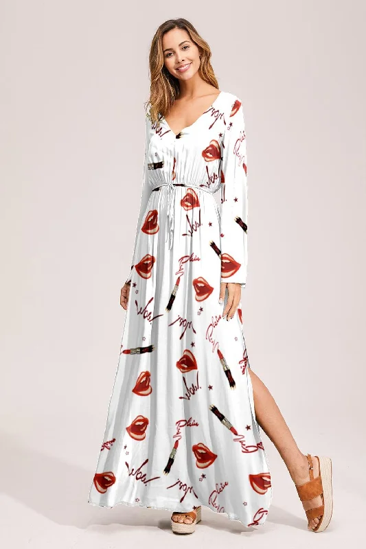 Floral Deep Long Sleeves Tie Back Ruffled Hem Maxi Dress Stylish Empire Waist Maxi Dress Floral Deep Long Sleeves Tie Back Ruffled Hem Maxi Dress Stylish Empire Waist Maxi Dress