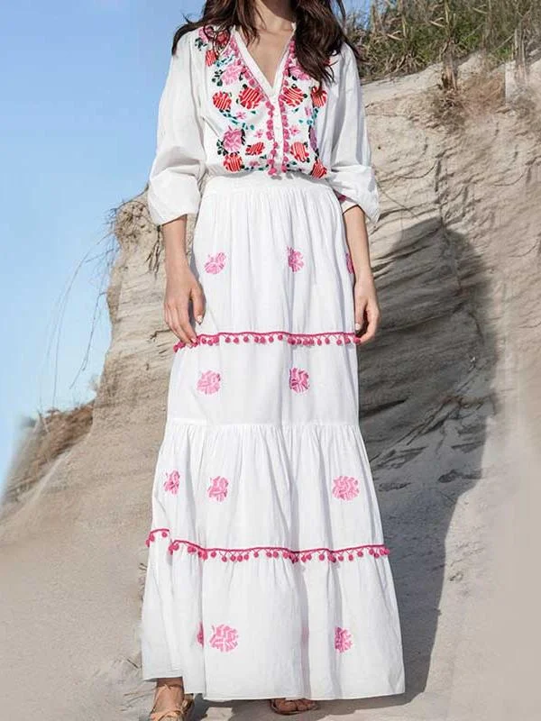Floral Embroidered Hippie White Long Sleeve Pompom Maxi Dress Elegant Lace-Up Maxi Dress Floral Embroidered Hippie White Long Sleeve Pompom Maxi Dress Elegant Lace-Up Maxi Dress