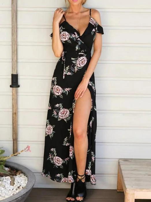 Floral Printed Spaghetti-neck Split-side Bohemia Maxi Dress Elegant Maxi Dress with Slit Floral Printed Spaghetti-neck Split-side Bohemia Maxi Dress Elegant Maxi Dress with Slit