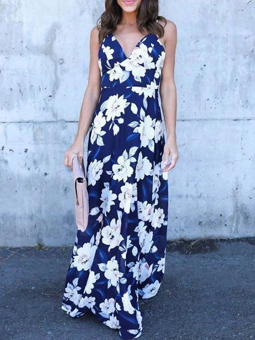 Floral Spaghetti-neck V-neck Backless Bohemia Maxi Dress Casual Maxi Dress with Pockets Floral Spaghetti-neck V-neck Backless Bohemia Maxi Dress Casual Maxi Dress with Pockets