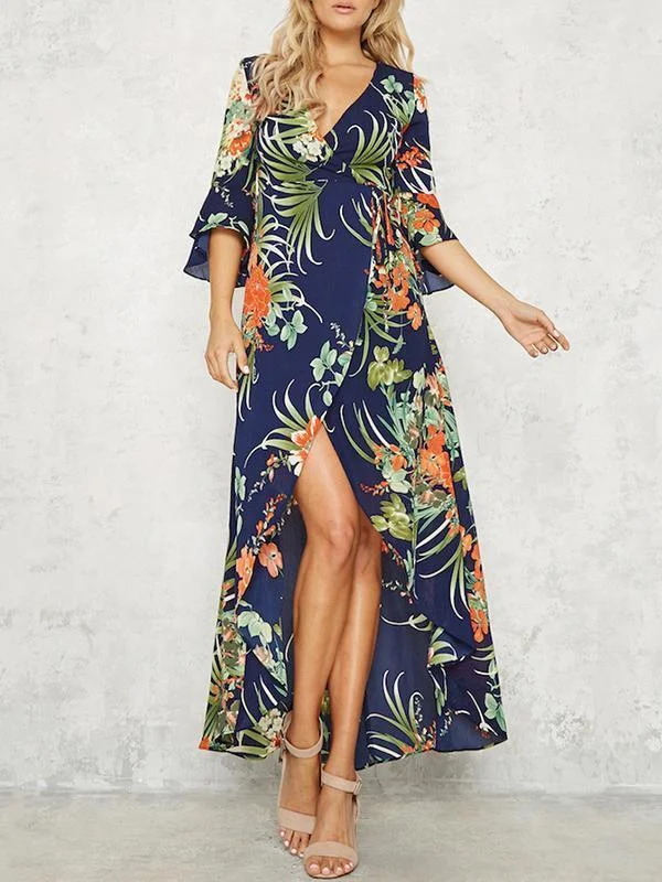 Floral Split-front Flared Sleeves V-neck Bohemia Maxi Dress Elegant Velvet Maxi Dress Floral Split-front Flared Sleeves V-neck Bohemia Maxi Dress Elegant Velvet Maxi Dress