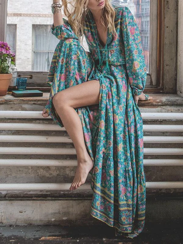 Floral Split-front Puff Sleeves Bohemia Maxi Dress Comfortable Plunging Neckline Maxi Dress Floral Split-front Puff Sleeves Bohemia Maxi Dress Comfortable Plunging Neckline Maxi Dress