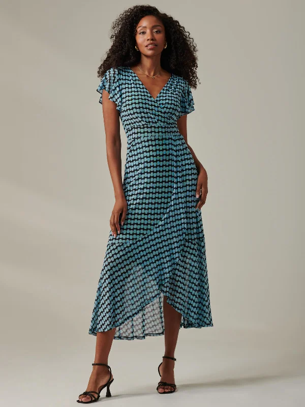 Geo Print Ruffle Hem Mesh Maxi Dress, Blue Geo Comfortable Ruffle Hem Maxi Dress