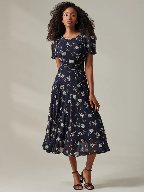 Harlie Floral Mesh Maxi Dress, Navy Floral Elegant Maxi Dress with Belt