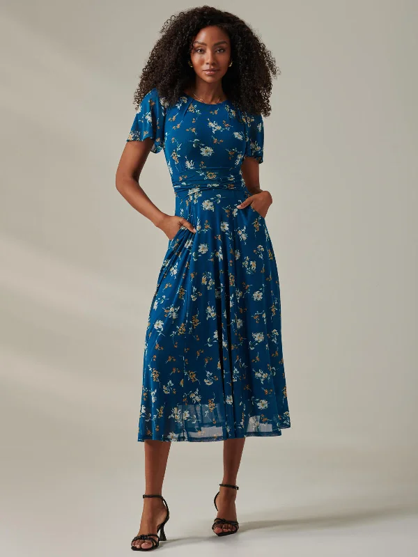 Harlie Floral Mesh Maxi Dress, Teal Floral Trendy Ruffled Maxi Dress