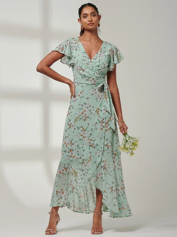 Haylie Frill Chiffon Maxi Dress, Green Floral Elegant Lace-Up Maxi Dress