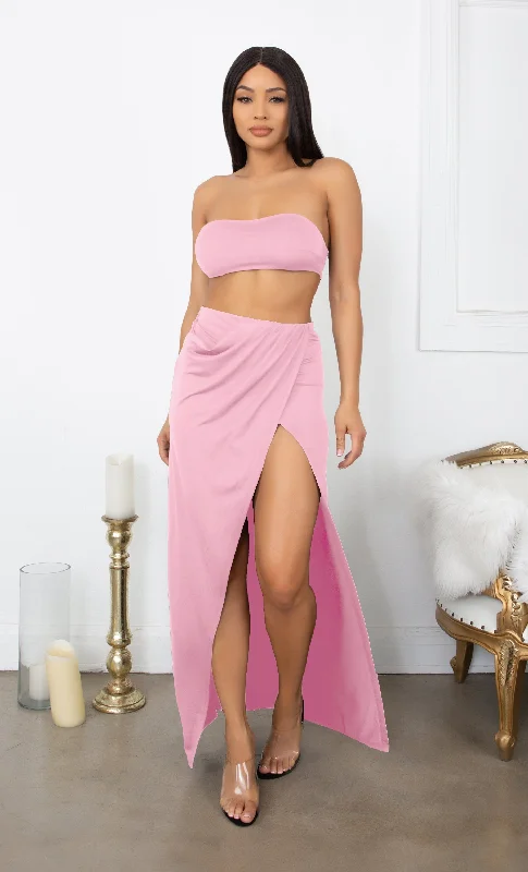 Inner Love Pink Crop Top Bandeau Strapless Slit Wrap Skirt Two Piece Maxi Dress Set Elegant Tiered Maxi Dress Inner Love Pink Crop Top Bandeau Strapless Slit Wrap Skirt Two Piece Maxi Dress Set Elegant Tiered Maxi Dress