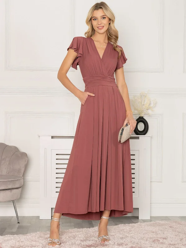 Jolie Moi Airene Cap Sleeve Maxi Dress, Cabernet Red Elegant Lace-Up Maxi Dress