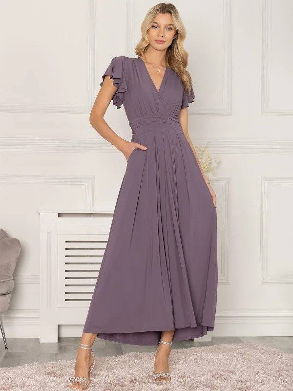 Jolie Moi Airene Cap Sleeve Maxi Dress, Mauve Purple Trendy Maxi Dress with Bow