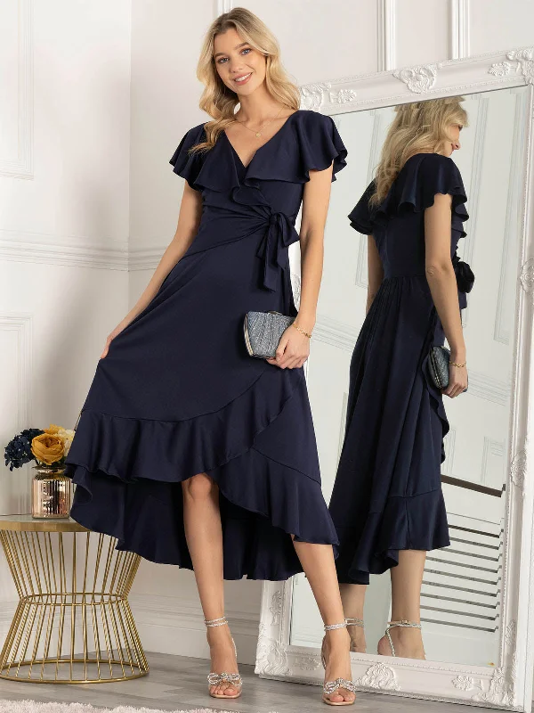 Jolie Moi Alleigh Frill Maxi Dress, Navy Cozy Ruffle Sleeve Maxi Dress