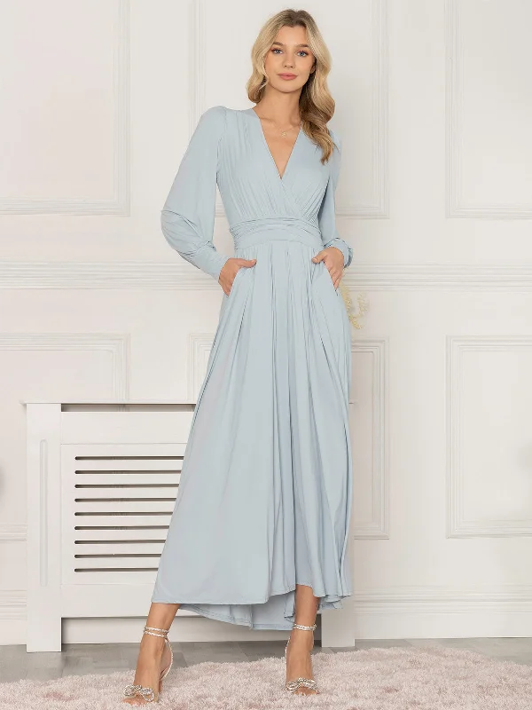 Jolie Moi Callisto Long Sleeve Maxi Dress, Ice Blue Trendy Maxi Dress with Belt