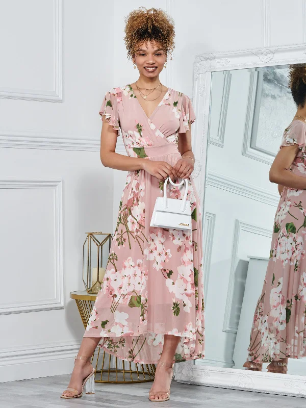 Jolie Moi Eleanor Wrap Mesh Maxi Dress, Pink Floral Comfortable Maxi Dress with Sleeves Jolie Moi Eleanor Wrap Mesh Maxi Dress, Pink Floral Comfortable Maxi Dress with Sleeves