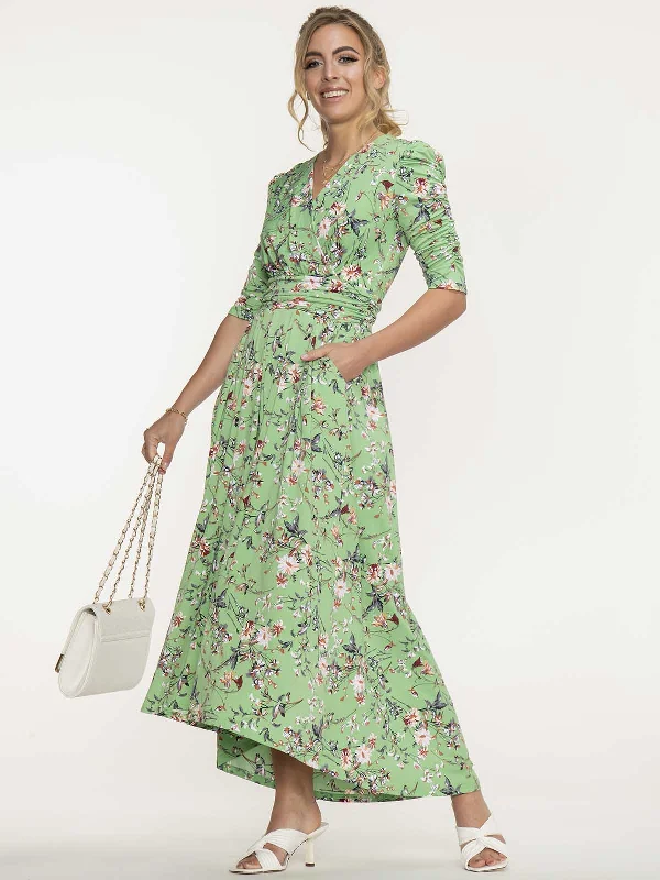 Jolie Moi Elenora Ruched Sleeve Maxi Dress, Green Floral Elegant Maxi Dress with Slit Jolie Moi Elenora Ruched Sleeve Maxi Dress, Green Floral Elegant Maxi Dress with Slit