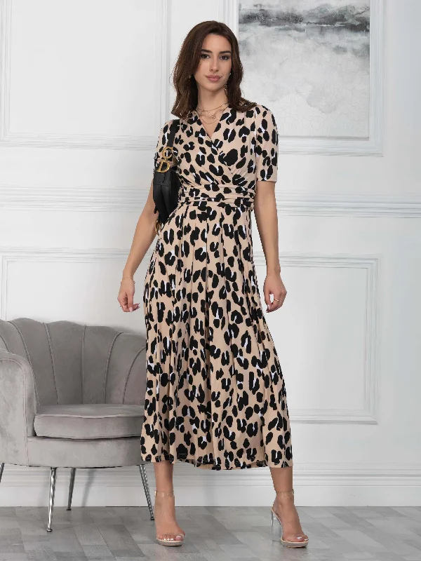 Jolie Moi Kiera Wrap Front Maxi Dress, Camel Animal Trendy Printed Maxi Dress