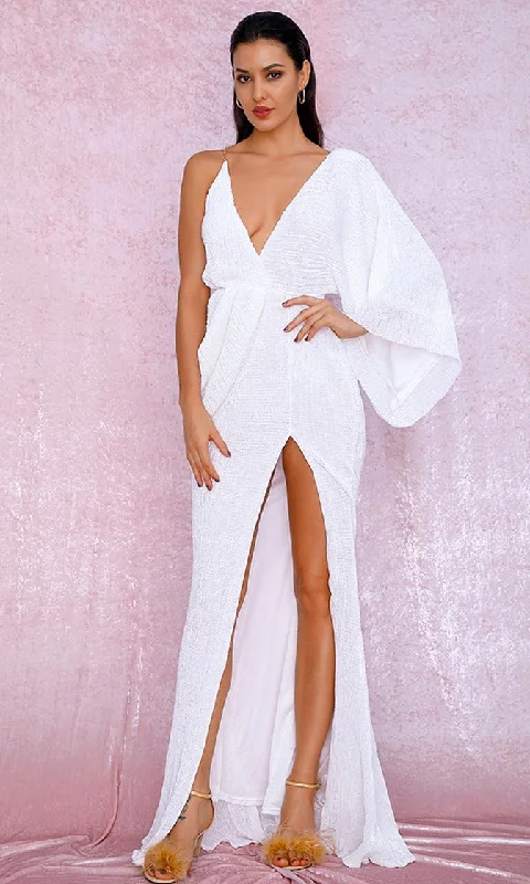 Kiss Me Now White Sequin Asymmetric Chain One Long Kimono Sleeve Drape Backless Cross Wrap V Neck Split Maxi Dress Fashionable Button-Down Maxi Dress Kiss Me Now White Sequin Asymmetric Chain One Long Kimono Sleeve Drape Backless Cross Wrap V Neck Split Maxi Dress Fashionable Button-Down Maxi Dress