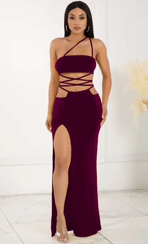 Love Myself Unconditionally Burgundy Purple Two Piece One Shoulder Casual Lace Up Wrap Cut Out Slit Front Maxi Dress Fashionable Maxi Dress with Fringe Love Myself Unconditionally Burgundy Purple Two Piece One Shoulder Casual Lace Up Wrap Cut Out Slit Front Maxi Dress Fashionable Maxi Dress with Fringe