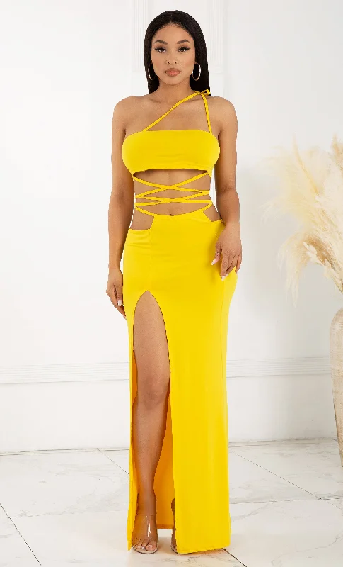 Love Myself Unconditionally Yellow Two Piece One Shoulder Casual Lace Up Wrap Cut Out Slit Front Maxi Dress Comfortable Bohemian Maxi Dress Love Myself Unconditionally Yellow Two Piece One Shoulder Casual Lace Up Wrap Cut Out Slit Front Maxi Dress Comfortable Bohemian Maxi Dress