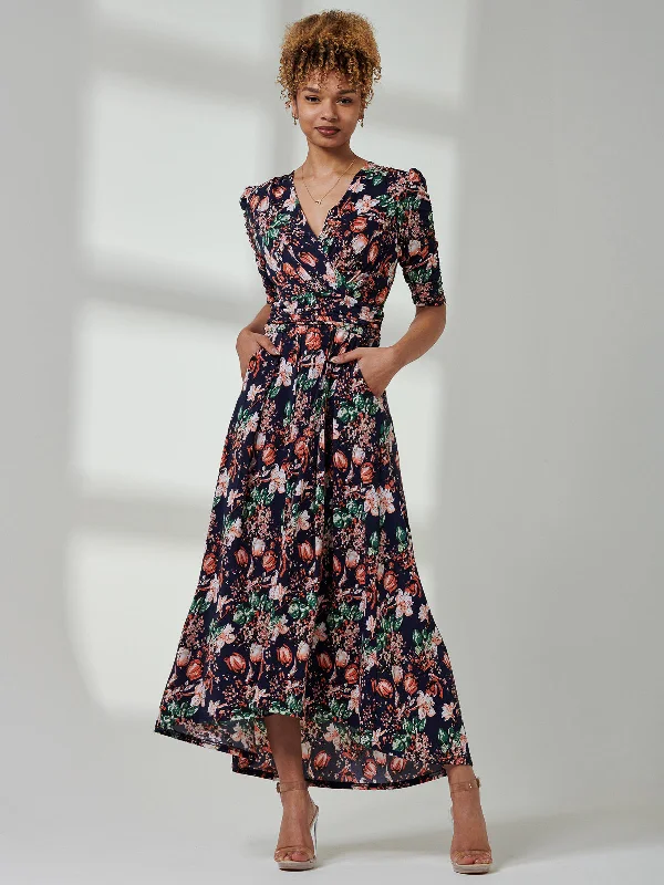 Maanasi Ruched Sleeve Jersey Maxi Dress, Navy Floral Comfortable Bohemian Maxi Dress Maanasi Ruched Sleeve Jersey Maxi Dress, Navy Floral Comfortable Bohemian Maxi Dress