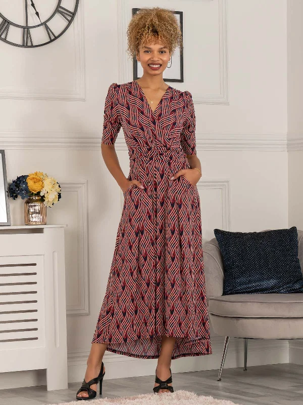 Maanasi Ruched Sleeve Jersey Maxi Dress, Red Abstract Trendy Fit-and-Flare Maxi Dress Maanasi Ruched Sleeve Jersey Maxi Dress, Red Abstract Trendy Fit-and-Flare Maxi Dress