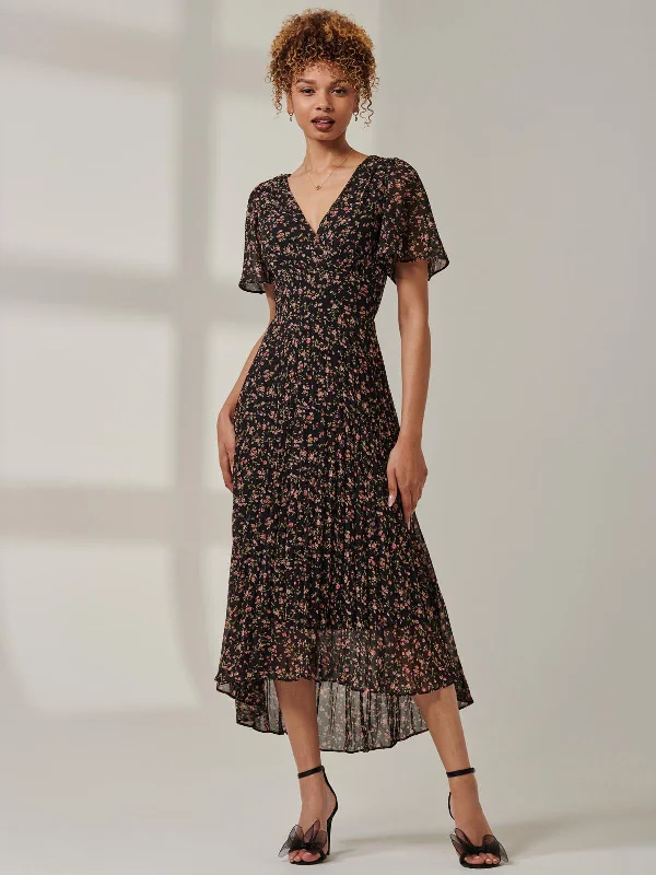 Meagan V-Neck Chiffon Maxi Dress, Black Ditsy Fashionable Open-Back Maxi Dress