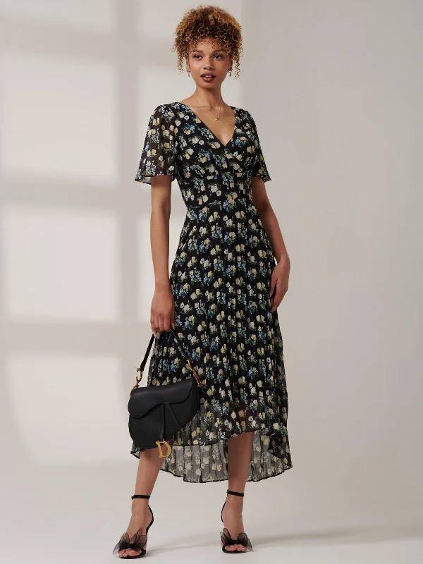 Meagan V-Neck Chiffon Maxi Dress, Black Floral Classic V-Neck Maxi Dress