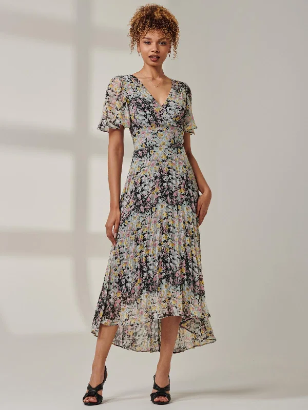 Meagan V-Neck Chiffon Maxi Dress, Black Multi Trendy Satin Maxi Dress