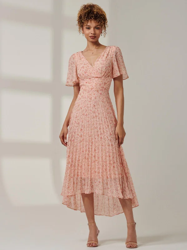 Meagan V-Neck Chiffon Maxi Dress, Pink Ditsy Elegant Pleated Maxi Dress