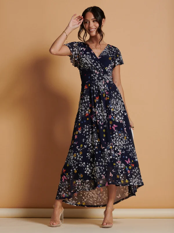 Mesh V-Neck Maxi Dress, Navy Multi Comfortable Casual Maxi Dress