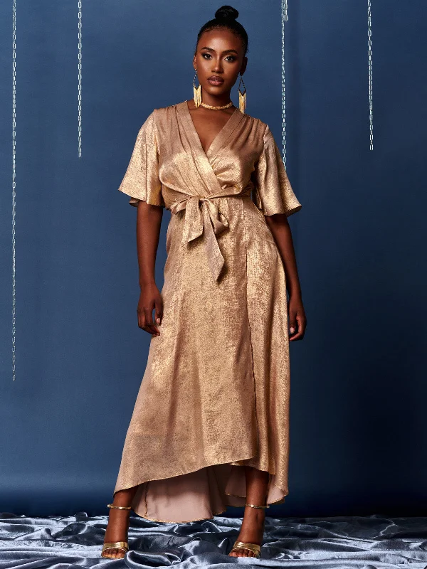 Metallic Effect Wrap Maxi Dress, Gold Trendy Short Sleeve Maxi Dress
