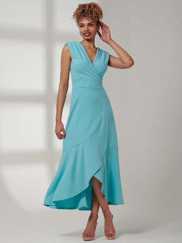 Preslie Wrap Frill Hem Maxi Dress, Turquoise Trendy Maxi Dress with Bow