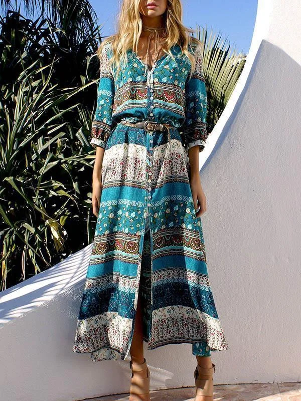 Pretty Chiffon Bohemia Floral 3/4 Sleeve V Neck Maxi Dress Fashionable Button-Down Maxi Dress Pretty Chiffon Bohemia Floral 3/4 Sleeve V Neck Maxi Dress Fashionable Button-Down Maxi Dress