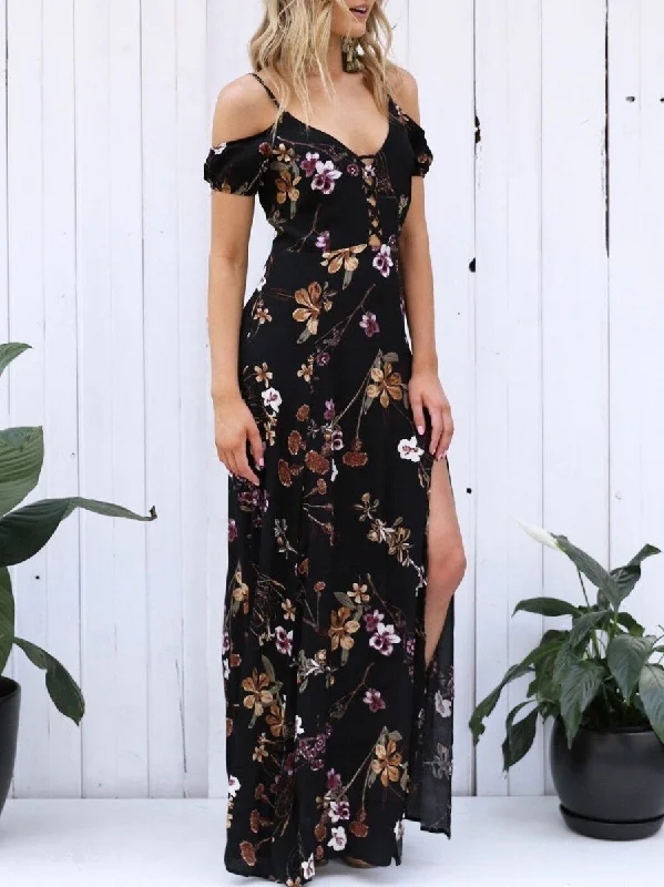 Pretty Floral Black Deep V Neck Off Shoulder Side Split Maxi Dress Cozy Knitted Maxi Dress Pretty Floral Black Deep V Neck Off Shoulder Side Split Maxi Dress Cozy Knitted Maxi Dress