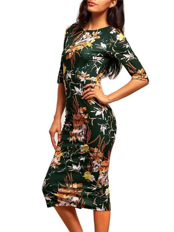 Pretty Floral Half Sleeve Round Neck Bodycon Maxi Dress Comfortable Maxi Dress with Slits Pretty Floral Half Sleeve Round Neck Bodycon Maxi Dress Comfortable Maxi Dress with Slits
