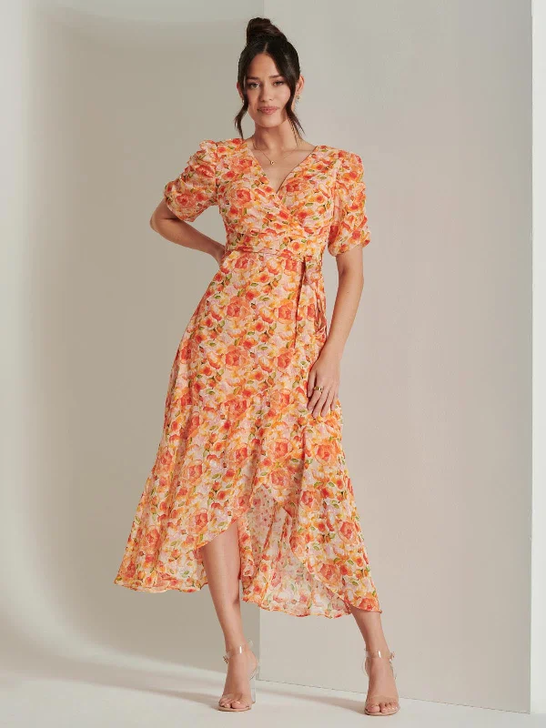 Print Metallic Textured Chiffon Maxi Dress, Orange Multi Elegant Maxi Dress with Slit Print Metallic Textured Chiffon Maxi Dress, Orange Multi Elegant Maxi Dress with Slit