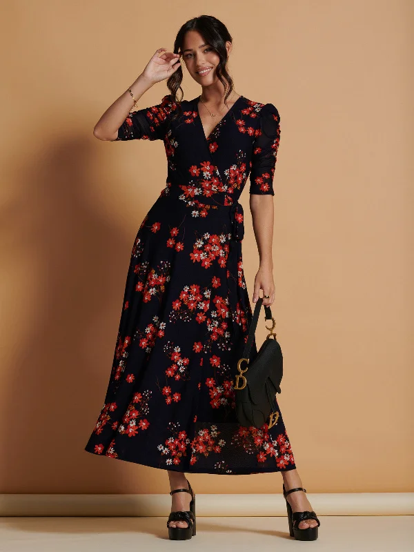 Qaliyah Wrap Front Mesh Maxi Dress, Navy Orange Floral Trendy Short Sleeve Maxi Dress Qaliyah Wrap Front Mesh Maxi Dress, Navy Orange Floral Trendy Short Sleeve Maxi Dress