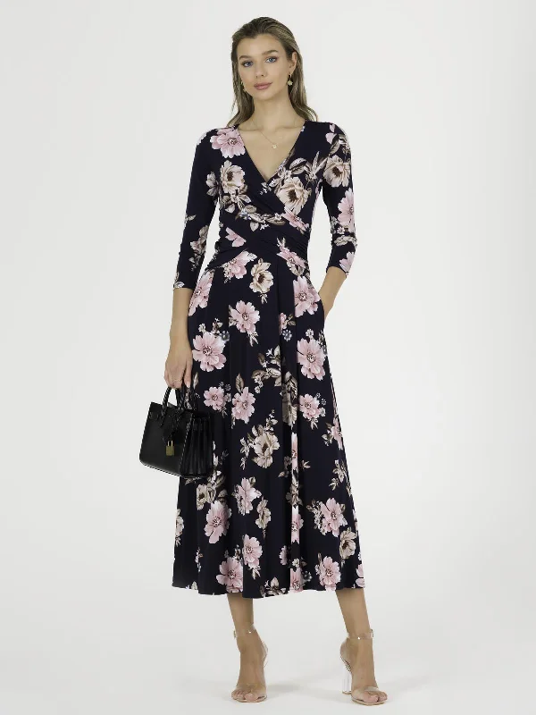 Quintella Jersey Side Split Maxi Dress, Navy Floral Trendy Floral Print Maxi Dress