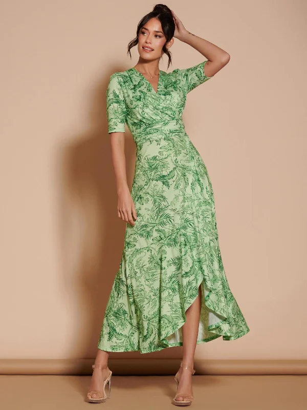 Ruffle Hem Jersey Maxi Dress, Green Leafy Comfortable Fit-and-Flare Maxi Dress