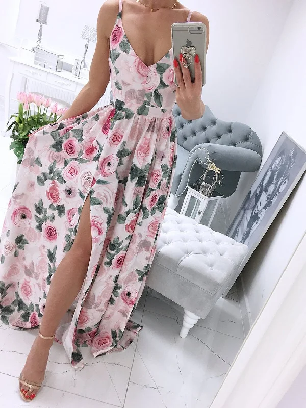 Spaghetti Strap Sleeveless Floral Side Split Maxi Dress Trendy Maxi Dress with Straps Spaghetti Strap Sleeveless Floral Side Split Maxi Dress Trendy Maxi Dress with Straps