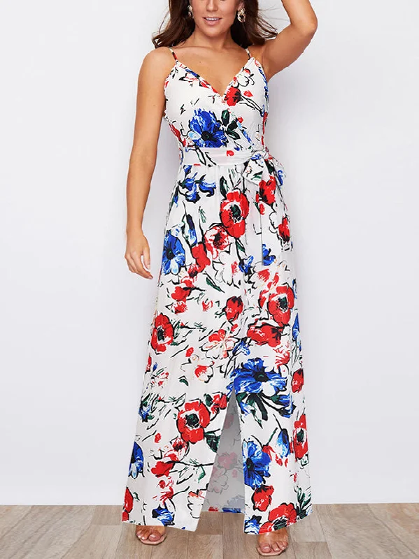 Spaghetti Strap Tie Waist Front Split Floral Maxi Dress Fashionable Asymmetrical Maxi Dress Spaghetti Strap Tie Waist Front Split Floral Maxi Dress Fashionable Asymmetrical Maxi Dress