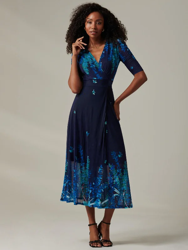 Stella Floral Print Wrap Mesh Maxi Dress, Navy Blue Multi Comfortable Maxi Dress with Belt Stella Floral Print Wrap Mesh Maxi Dress, Navy Blue Multi Comfortable Maxi Dress with Belt