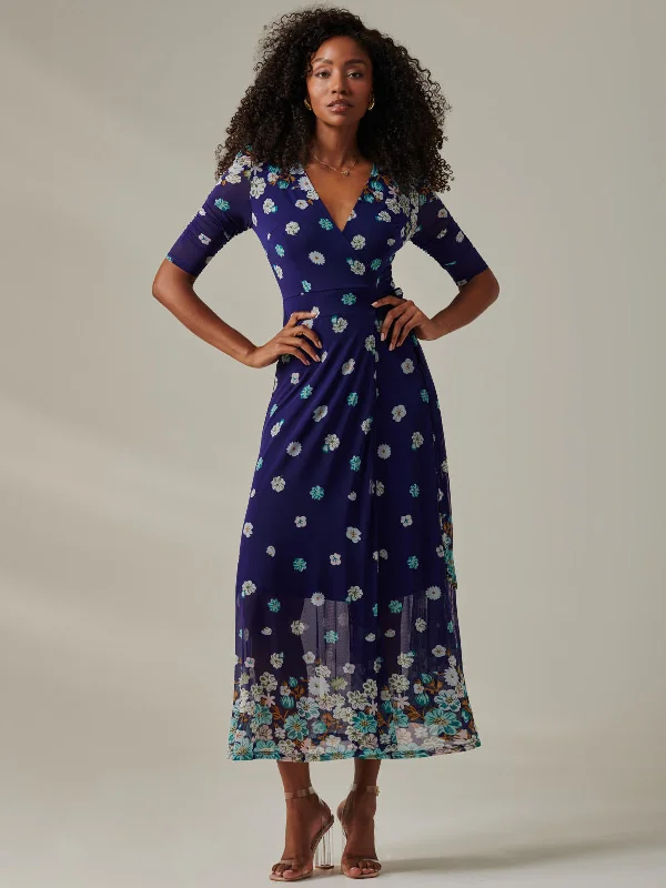 Stella Floral Print Wrap Mesh Maxi Dress, Navy Floral Classic Solid Maxi Dress