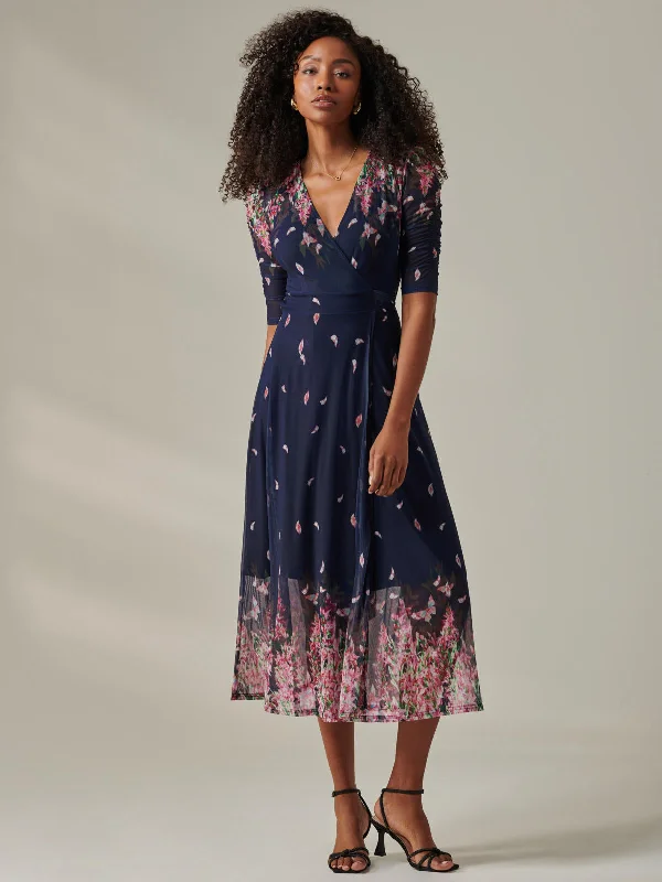 Stella Floral Print Wrap Mesh Maxi Dress, Navy Pink Multi Classic Black Maxi Dress