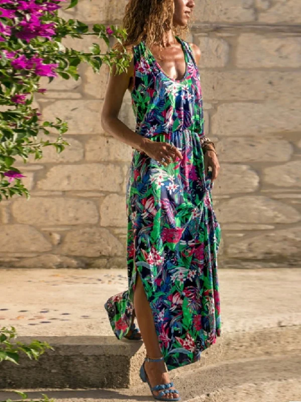 Summer Women Fashion Sexy Causal Elegant Sleeveless Floral Hollow-out Back Maxi Dress Trendy Maxi Dress with Belt Summer Women Fashion Sexy Causal Elegant Sleeveless Floral Hollow-out Back Maxi Dress Trendy Maxi Dress with Belt